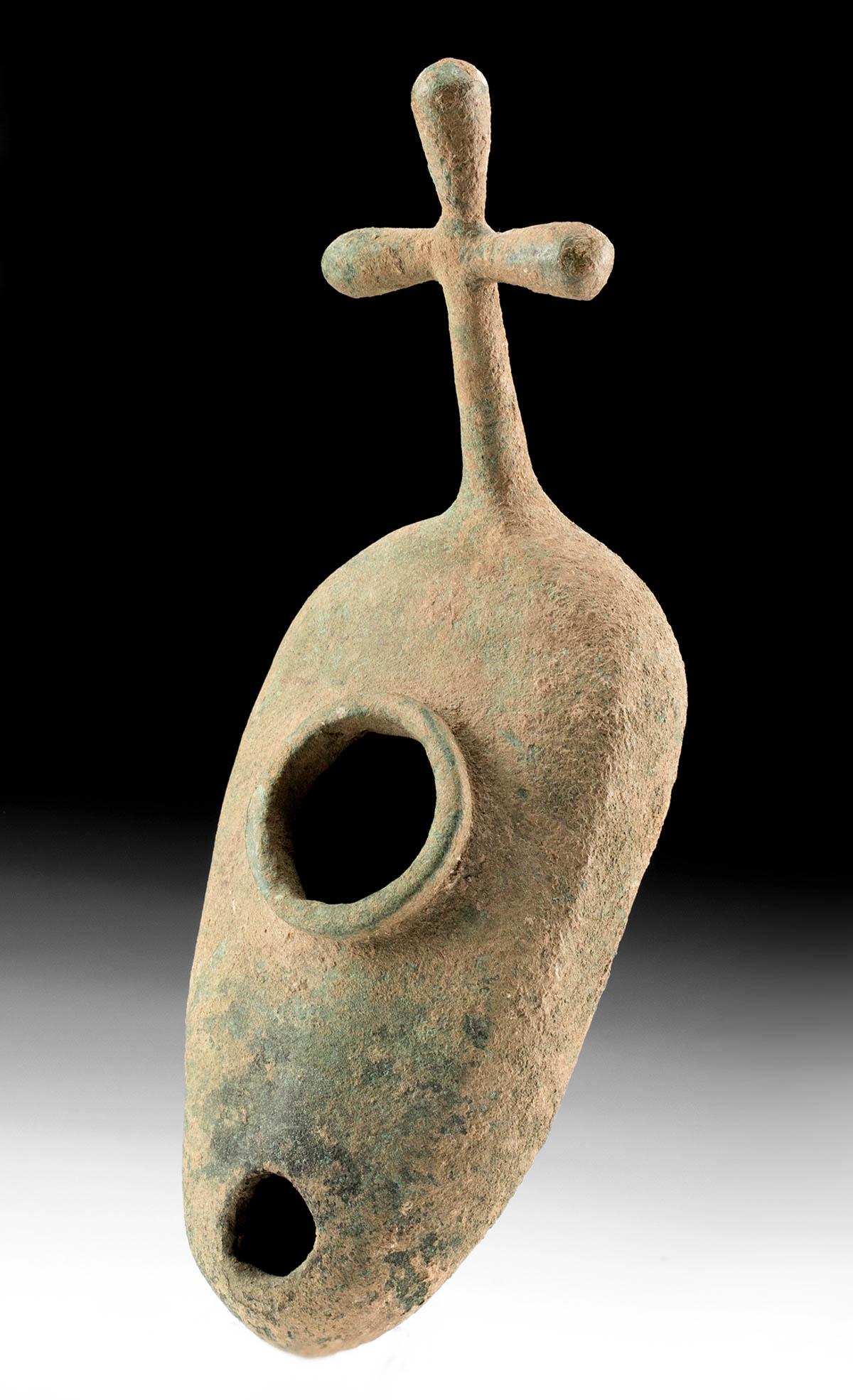 Early Byzantine Bronze Oil Lamp w/ Cross Handle (1 of 4)