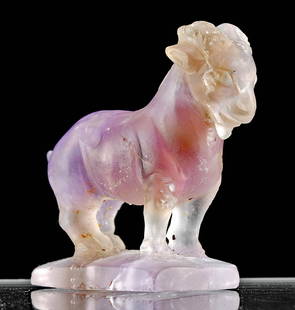 Fabulous Egyptian Late Dynastic Amethyst Goat Amulet: Egypt, Late Dynastic to Ptolemaic Period, ca.664 to 30 BCE. A beautiful amulet of a goat carved from a lovely and nearly translucent amethyst stone. The goat stands on an integral rectangular