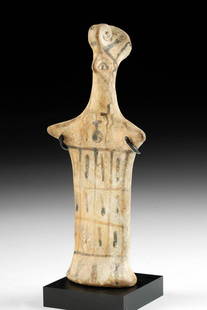 Fine Greek Boeotian Terracotta Bird-Faced Idol: Ancient Greece, Boeotia, ca. first half of the 6th century BCE. A lovely, hand-built pottery idol of a characteristically abstract form with a flared, concave base, a plank-form body, and