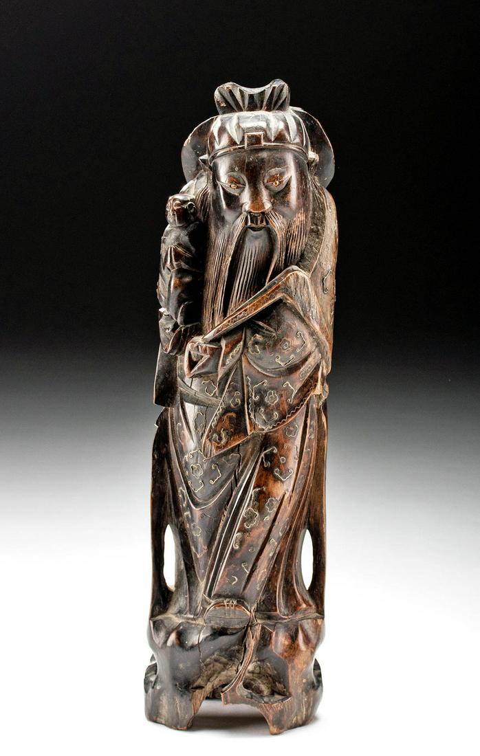 18th C. Chinese Wood Figure Inlaid Brass Detailing (1 of 5)