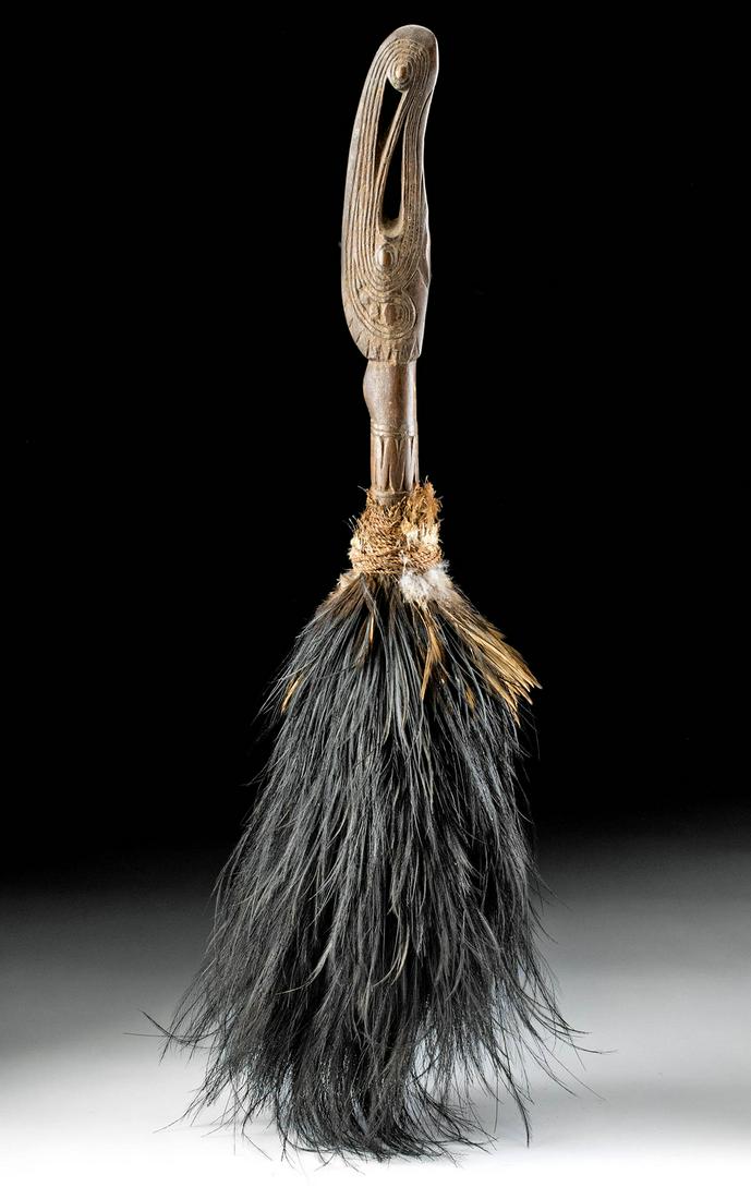 20th C. Papua New Guinea Wooden Fly Whisk w/ Feathers (1 of 4)