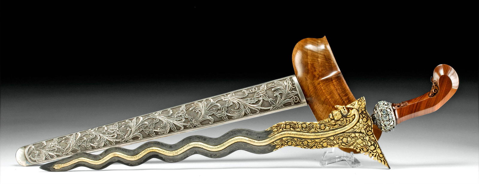 20th C. Indonesian Gilt Steel Kris w/ Naga & Silver (1 of 3)