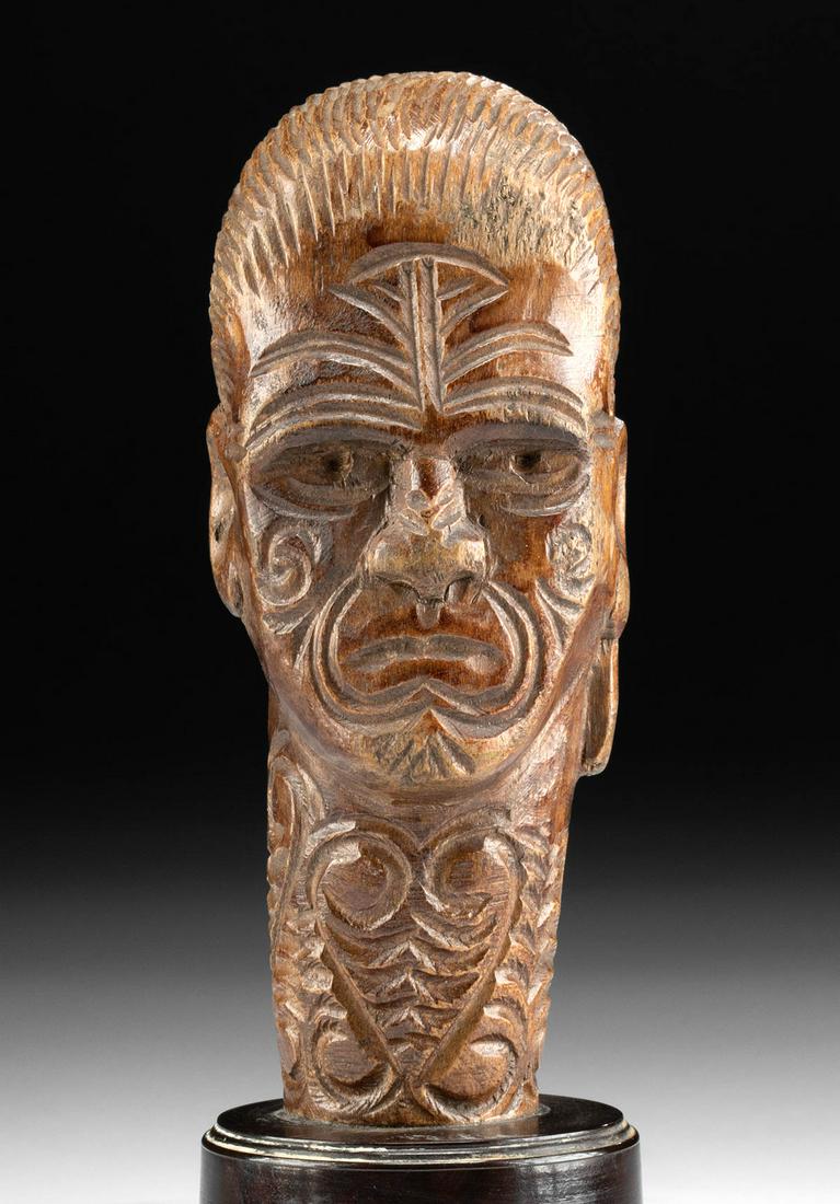 Fine 19th C. Maori Wood Bust Carving of Man w/ Moko (1 of 3)