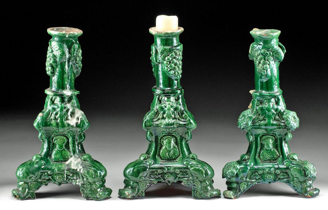 Three 19th C. Mexican Pottery Candle Holders w/ Saints (1 of 3)