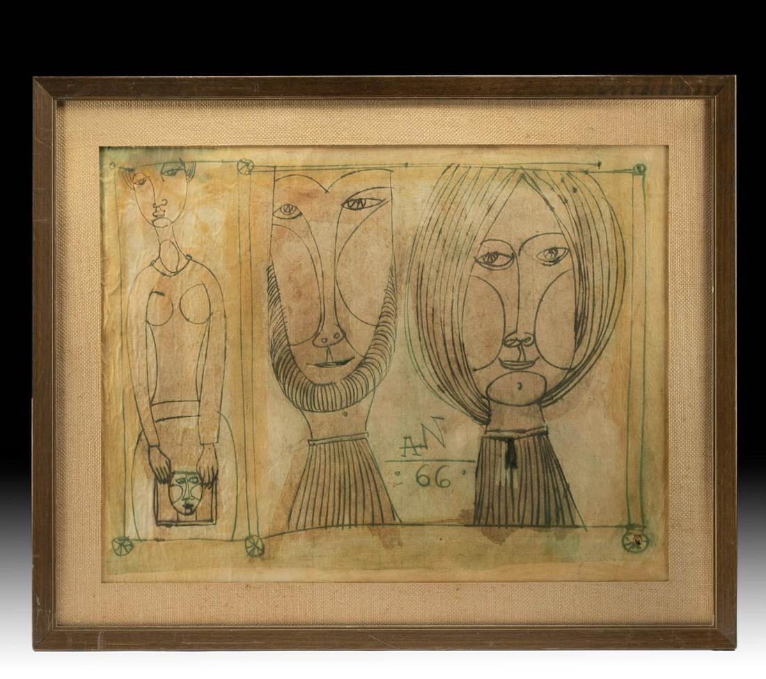 Adam Niemczyc Mixed Media - "Couple" 1966: Adam Niemczyc (Polish, 1914-2009). "Couple" mixed media on paper, 1966. Signed and dated "A.N. '66" at lower center. An intriguing composition by early modern Polish artist Adam Niemczyc. Three figure