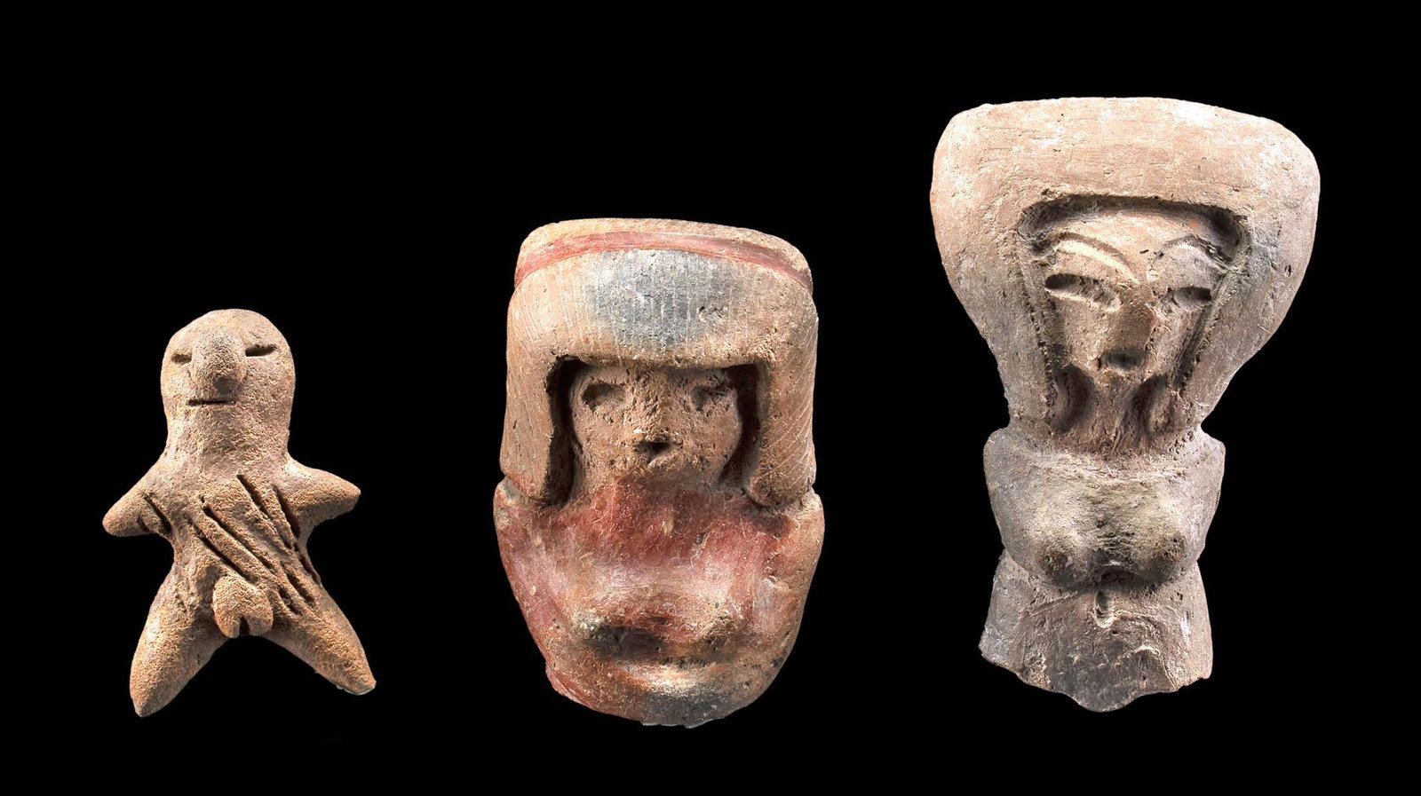 3 Valdivian Pottery Venus Figures - TL Tested: Pre-Columbian, Ecuador, Valdivian culture, ca. 2500 to 1500 BCE. A charming trio of female or Venus figures, all skillfully hand-built from pottery to present stylized forms. First, the most petite fi