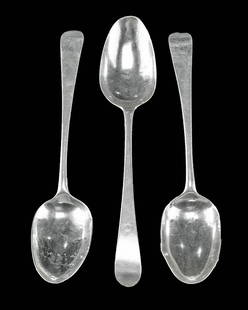 1784 English Silver Spoons by Hester Bateman (3): **Originally Listed At $200** Northwestern Europe, England, London, ca. 1784 CE. A trio of sterling silver dessert spoons with stamped marks on the handle verso. All three are stamped with "HB" in scr