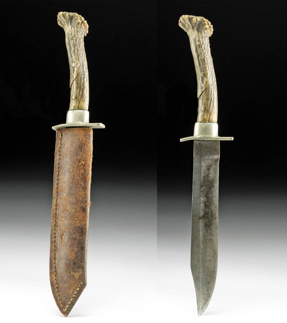 19th C. American Steel & Antler Knife w/ Leather Sheath (1 of 3)
