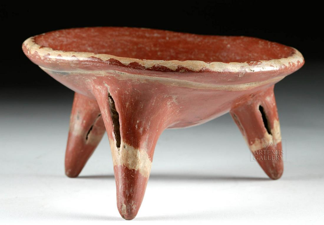 Chupicuaro Redware Tripod Bowl Rattle Legs: **Originally Listed At $150** Pre-Columbian, West Mexico, Guanajuato Valley, Chupicuaro, ca. 500 BCE to 300 CE. A highly-burnished pottery bowl supported by a trio of long, conical legs. Each hollow l