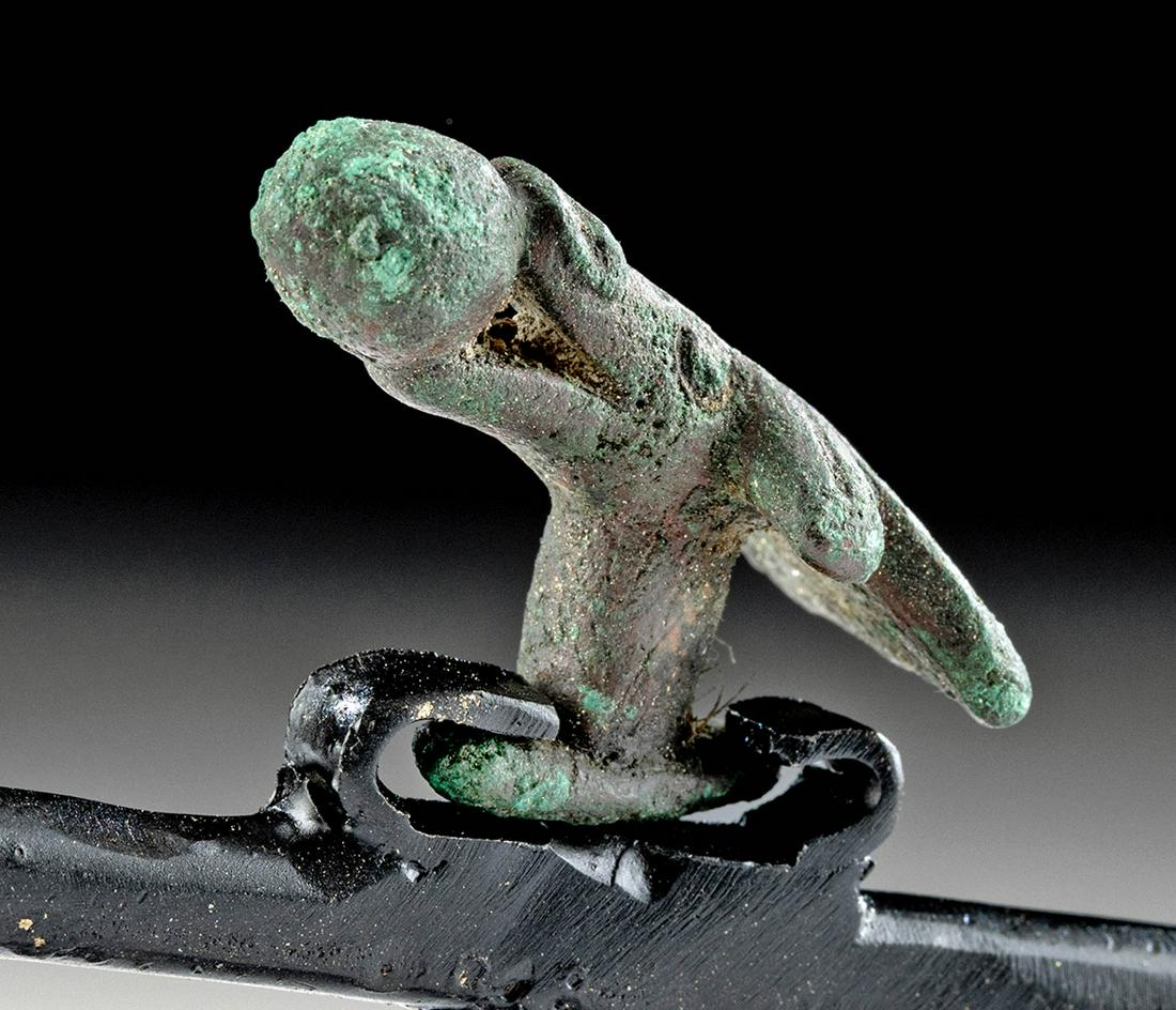 Inca Copper Atl Atl Catch Finial - Llama Head: **First Time At Auction** Pre-Columbian, central Peru, Inca Empire, ca. 1200 to 1532 CE. A cast-copper catch finial for an atl atl depicting a disembodied llama head. The narrow camelid head presents 