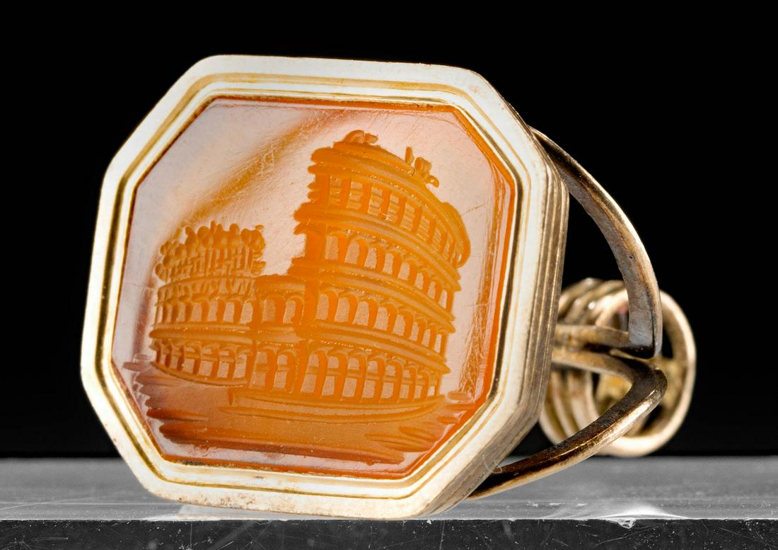 19th C. Gold  Fob Seal w/ Carnelian Intaglio Colosseum (1 of 3)