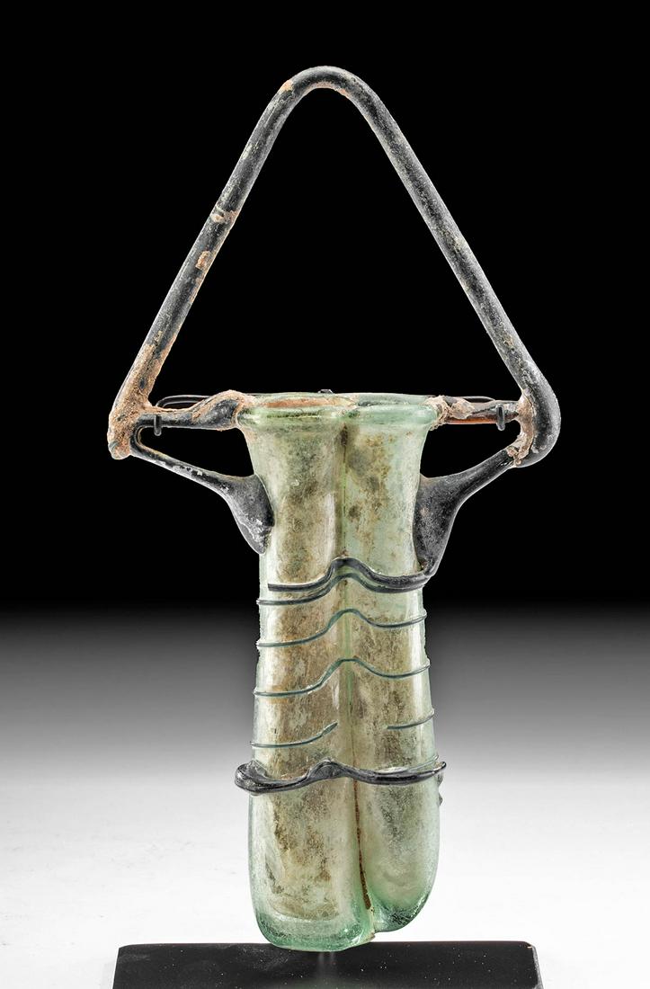 Roman Glass Double Unguentarium w/ Cobalt Handle (1 of 6)