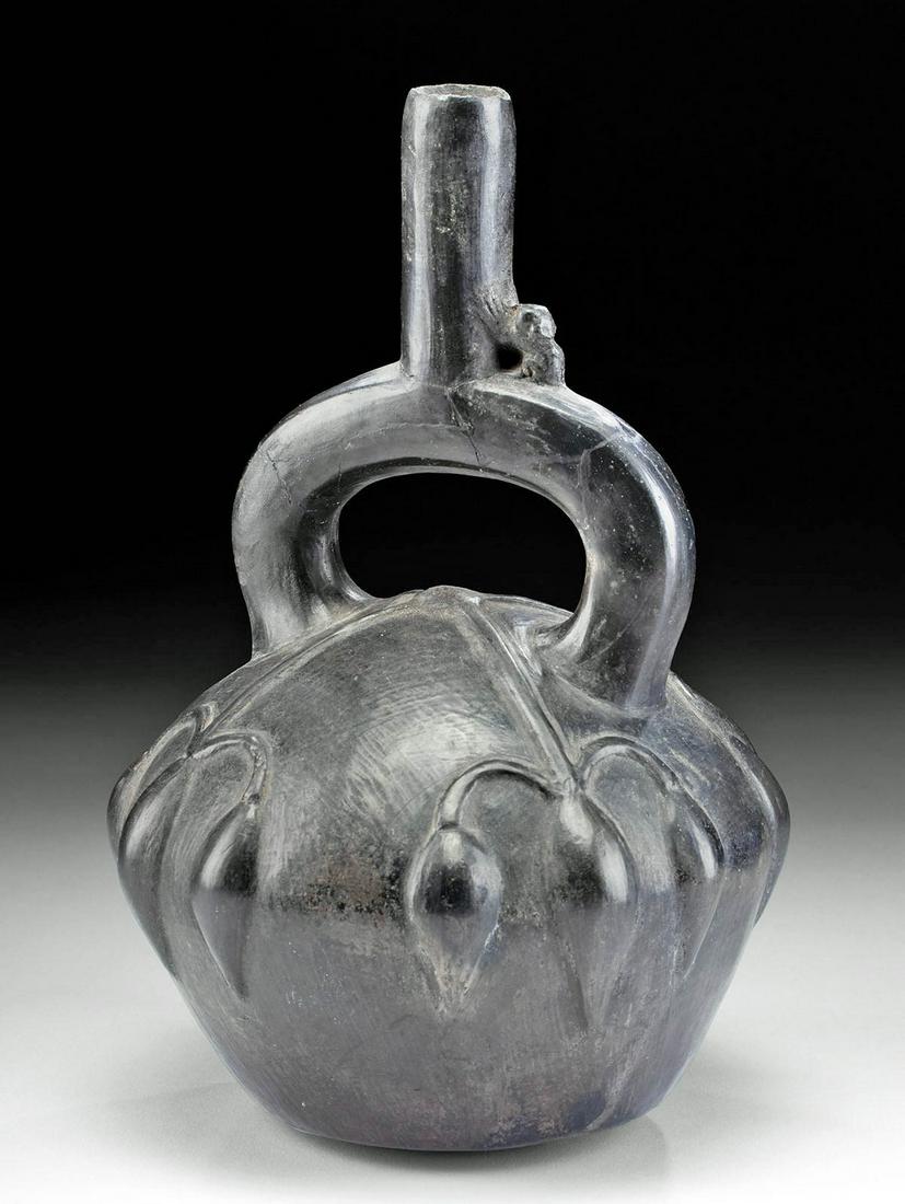 Chimu Blackware Stirrup Vessel w/ Fruit & Vines (1 of 4)