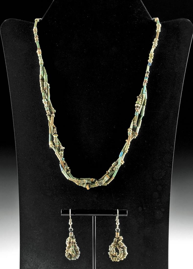 Egyptian Faience Earring and Necklace Set: Ancient Egypt, Third Intermediate to Late Dynastic Period, 21st to 31st Dynasty, ca. 1070 to 332 BCE. A gorgeous ensemble of a necklace and 2 earrings that are constructed with dozens of petite faienc