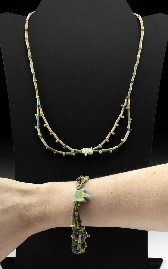 Egyptian Faience Necklace & Bracelet w/ Eyes of Horus: Ancient Egypt, Third Intermediate to Late Dynastic Period, 21st to 31st Dynasty, ca. 1070 to 332 BCE. A fine necklace and bracelet of wearable form, each constructed using dozens of petite faience bea