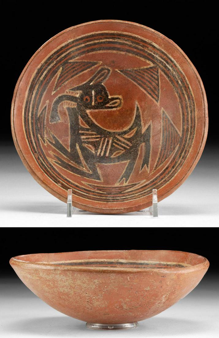 Cocle Polychrome Bowl w/ Zoomorphic Creature: Pre-Columbian, Central America, Panama, Gran Cocle, ca. 5th to 8th century CE. A fascinating and fine hand-built pottery bowl that depicts a stylized creature painted within the basin. The vessel rest