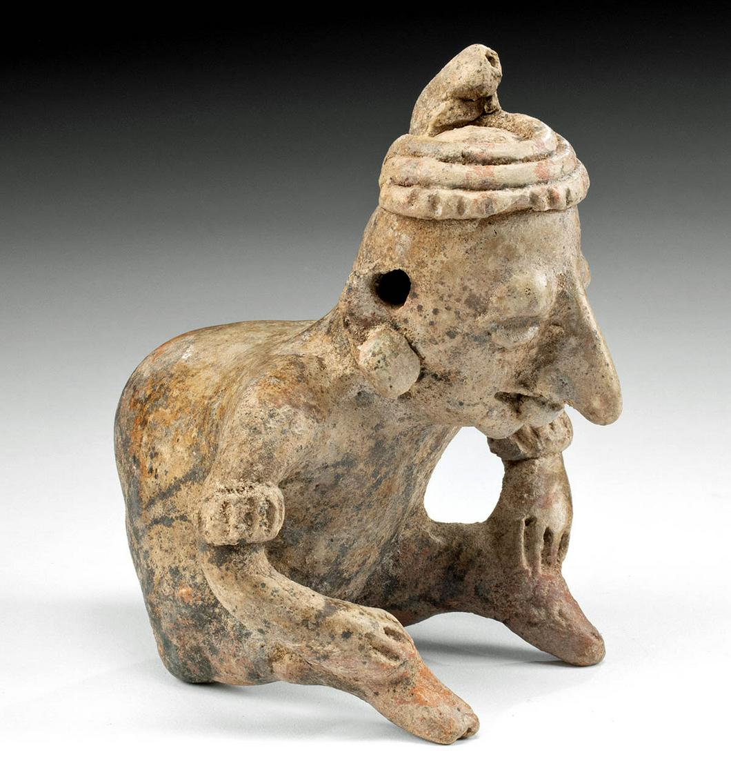 Nayarit Pottery Figure - Hunchbacked Male Mourner: Pre-Columbian, West Mexico, Nayarit, ca. 300 BCE to 300 CE. A fine, terracotta, hunchbacked figure shown with a recognizably somber attitude and a traditional pose of mourning. The ancient figure sits
