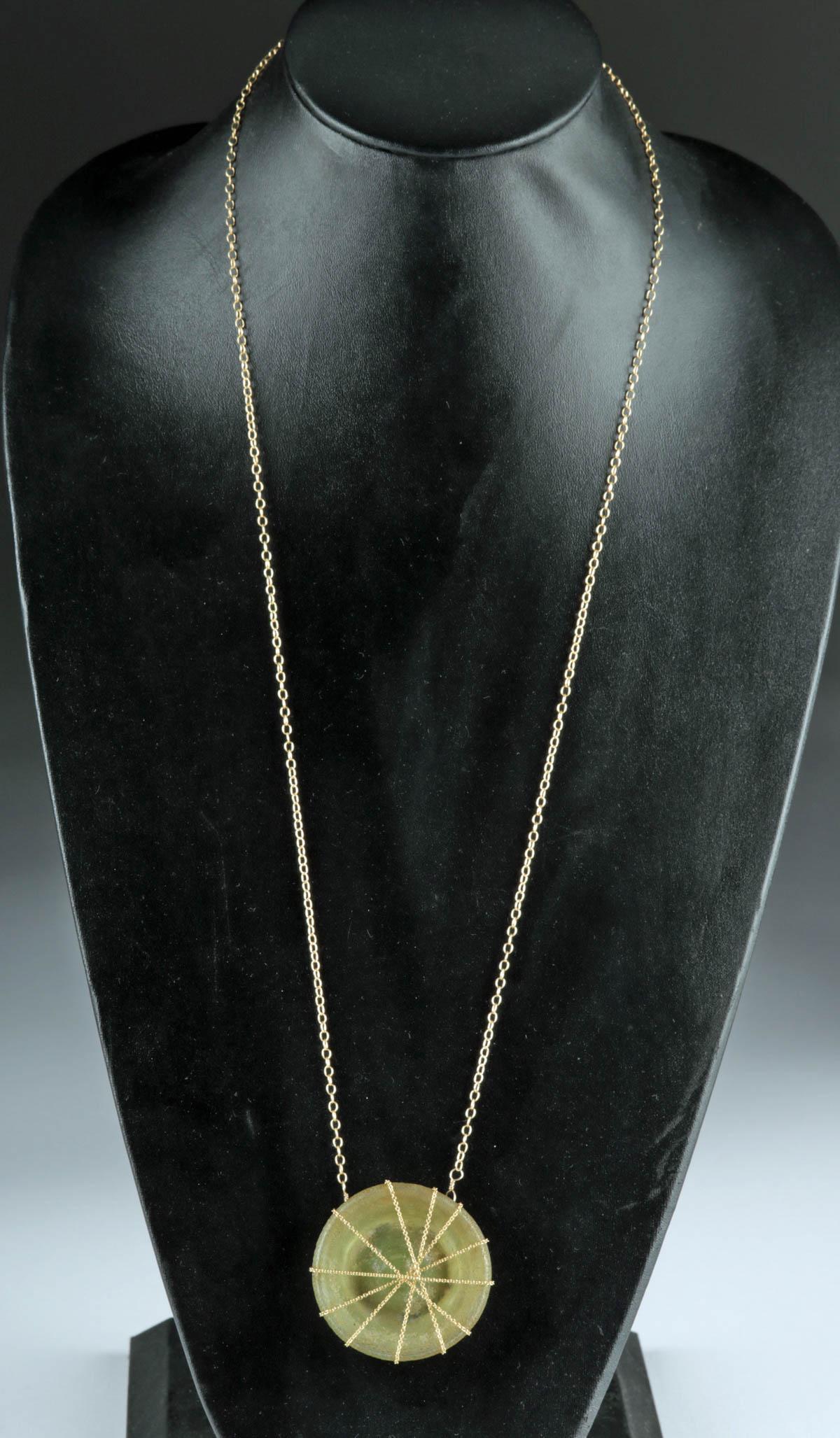 Roman Glass Pendant Necklace, Brass & Gold-Filled Cage (1 of 5)