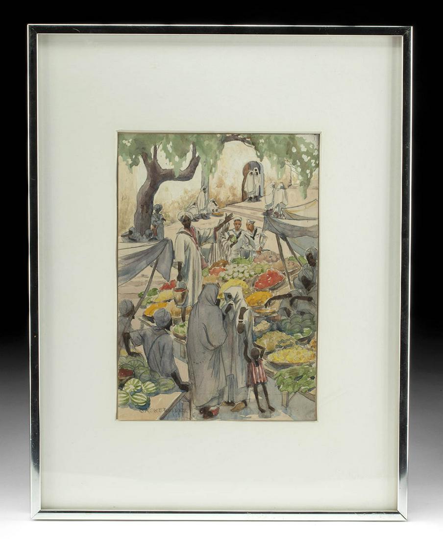 Baskerville Watercolor - US Sailors at Market, ca. 1940: **First Time At Auction** Charles Baskerville (American, 1896-1994). Untitled watercolor, ca. 1940. Signed on the lower left. A beautiful watercolor of a Moroccan market frequented by sailors dressed