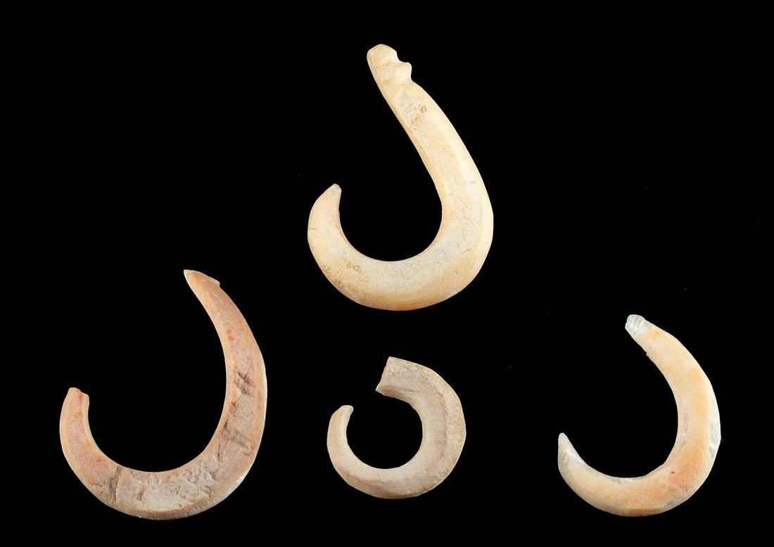 Pre-Contact Native American Chumash Abalone Fish Hooks: Native American, Pacific Northwest, United States, California, Channel Islands, Chumash, Nicolenos, or Tongva people, Pre-contact to Mission period, ca. 1250 to 1800 CE. A collection of 4 circular or