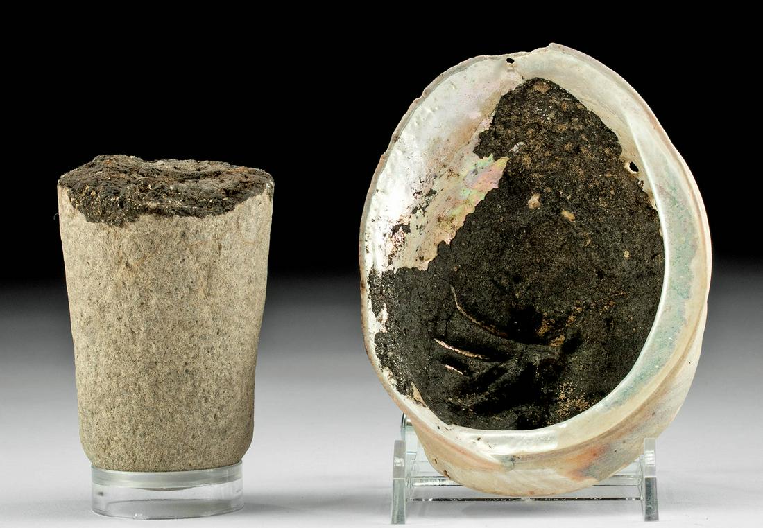 Native American Chumash Tools - Abalone & Stone Pitch: Native American, Pacific Coast, United States, California, Channel Islands, Chumash, Nicolenos, or Tongva people, ca. 1250 to 1800 CE. This is a pair of pitch application tools - a abalone shell dish