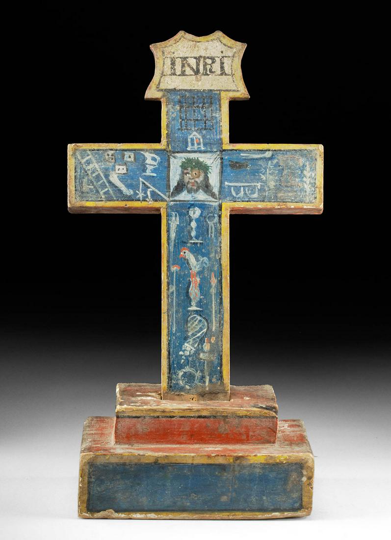 Exhibited 19th C. Mexican Painted Wood Cross - ex Quinn: ** A portion of the proceeds from the sale of this artwork will be donated to the Anthony Quinn Foundation, whose mission is to advocate for the important role arts education plays in personal develop