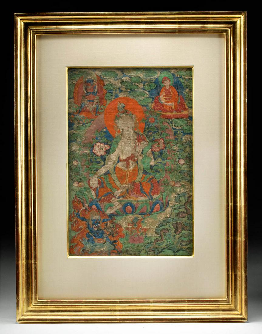 Exhibited 18th C. Tibetan Thangka White Tara, ex-Quinn: ** A portion of the proceeds from the sale of this artwork will be donated to the Anthony Quinn Foundation, whose mission is to advocate for the important role arts education plays in personal develop