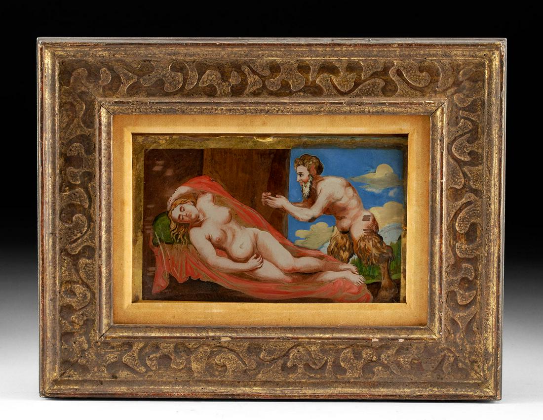 17th C. Italian Glass Painting Nymph & Satyr, ex-Quinn: ** A portion of the proceeds from the sale of this artwork will be donated to the Anthony Quinn Foundation, whose mission is to advocate for the important role arts education plays in personal develop
