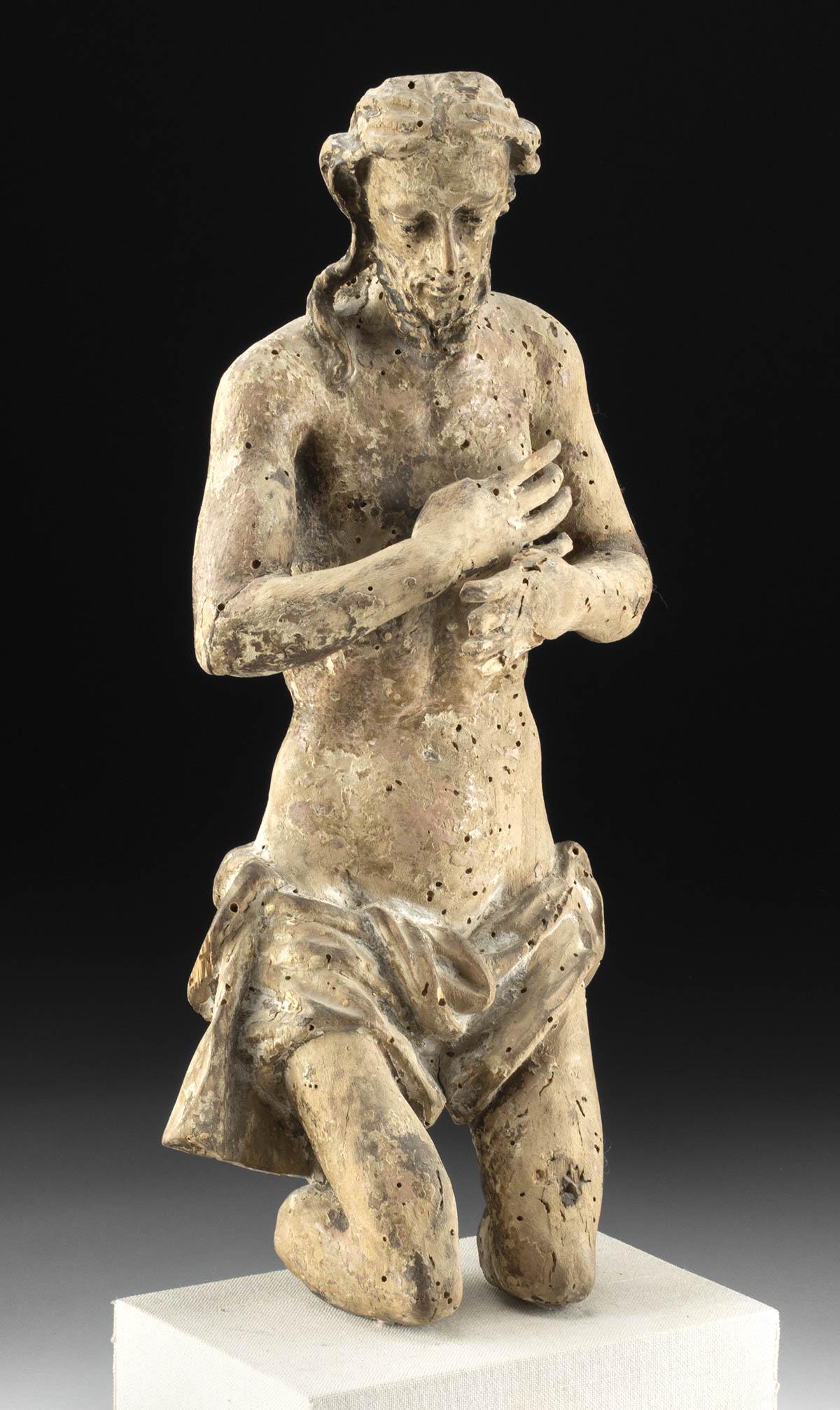 Exhibited 15th C. German Wood Kneeling Jesus ex Quinn: ** A portion of the proceeds from the sale of this artwork will be donated to the Anthony Quinn Foundation, whose mission is to advocate for the important role arts education plays in personal develop