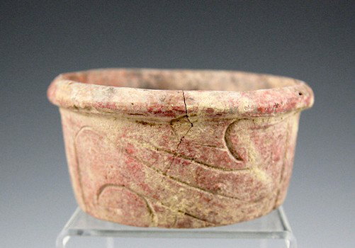 A Pre-Columbian Olmec Dish, Incised Olmec Dragon: A rare Olmec dish from the Las Bocas region of Pre-Classic Mexico, circa 1500 B.C. - 1000 B.C. Measuring approximately 3 1/2" wide by about 1 5/8" tall, this shallow, earthenware dish was formed with