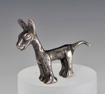 A Pre-Columbian Inca Silver Stag: From ancient Peru, Inca culture, ca. 1400 - 1532 AD. Solid silver pendant of a proud stag, in miniature! Just 1-1/2"H x 1-3/4"L nose to tail. Provenance: Ex-private CO collection acquired at auction. 
