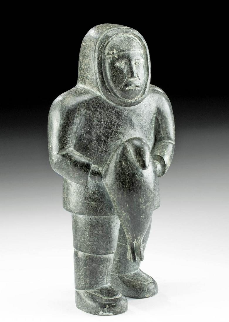 20th C. Inuit Soapstone Carving, Man Carrying Seal (1 of 4)
