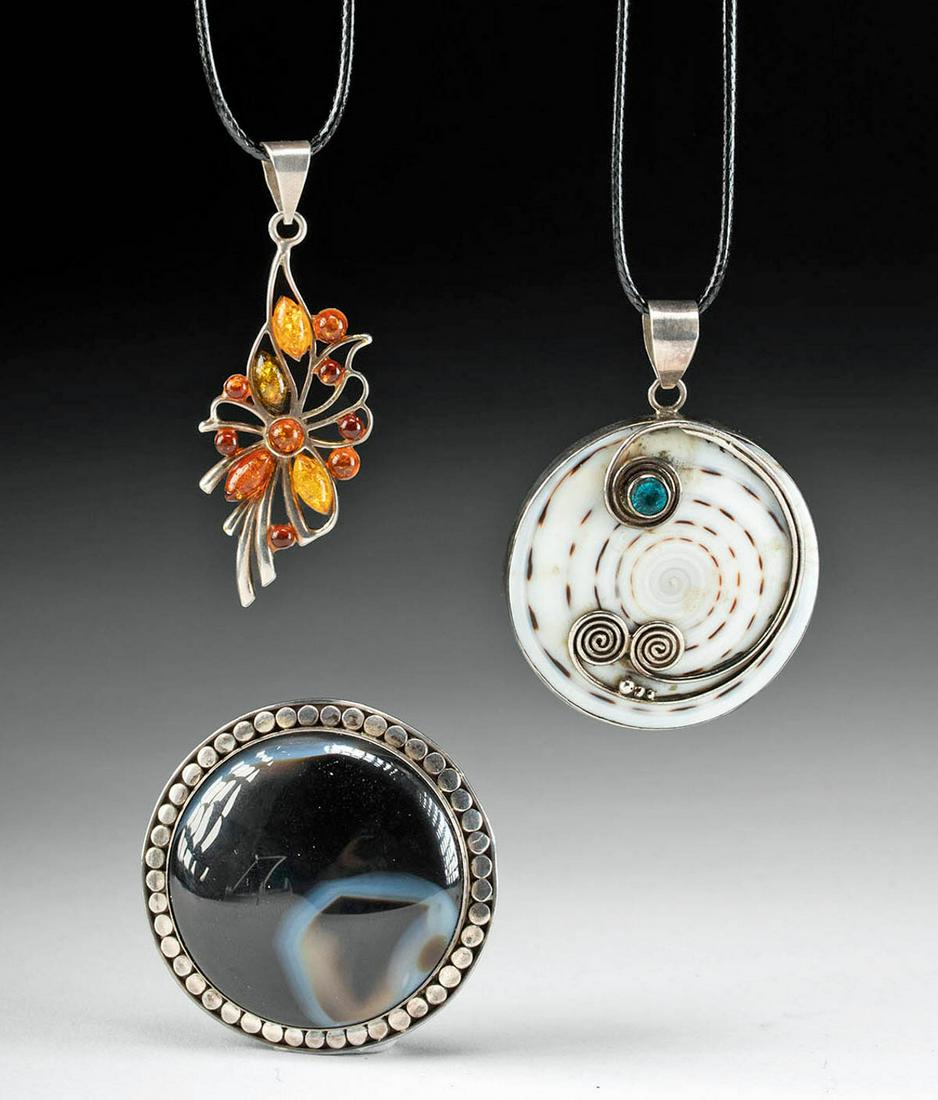 20th C. Navajo Pendants, Silver & Baltic Amber (1 of 3)