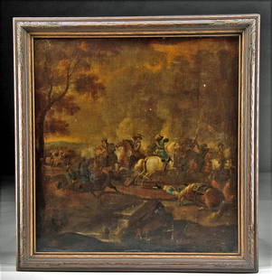 17th C. Circle of Wouwerman Painting of Cavalry Battle: Circle of Philips Wouwerman (Dutch, 1619-1668). Oil on canvas, 17th century. A grand history painting depicting an action-packed cavalry battle with uniformed soldiers on horseback wielding muskets