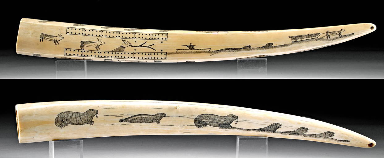 20th C. Inuit Scrimshawed Walrus Tusk Cribbage Board