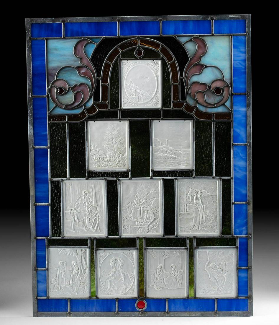 19th C. Victorian Stained Glass Panel w/ 10 Lithophanes (1 of 10)