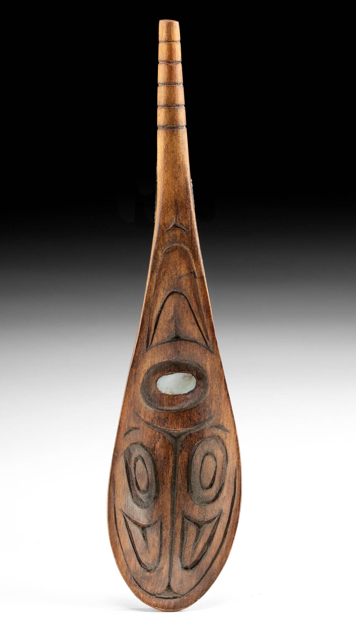 20th C. Pacific Northwest Haida Wood Spoon, Shell Inlay (1 of 3)