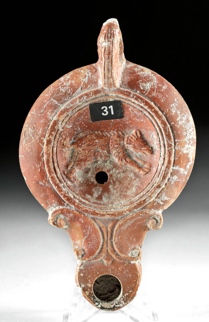 Roman Redware Oil Lamp w/ Wolf, Maker's Mark (1 of 5)