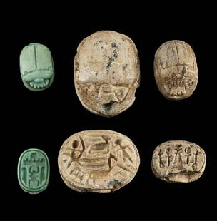 3 Egyptian New Kingdom Steatite & Faience Scarabs: **Originally Listed At $200** Ancient Egypt, New Kingdom, 18th to 20th Dynasty, ca. 1550 to 1077 BCE. An interesting gathering of 3 petite scarab pendants, 2 carved from steatite and 1 mold-formed