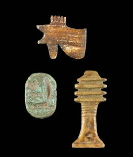 3 Egyptian Faience, Stone Pieces - Djed, Wadjet, Scarab: **Originally Listed At $650** Ancient Egypt, New Kingdom, 20th Dynasty, ca. 1189 to 1077 BCE; late Third Intermediate to Late Dynastic Period, 25th to 30th Dynasty, ca. 744 to 343 BCE. A fine