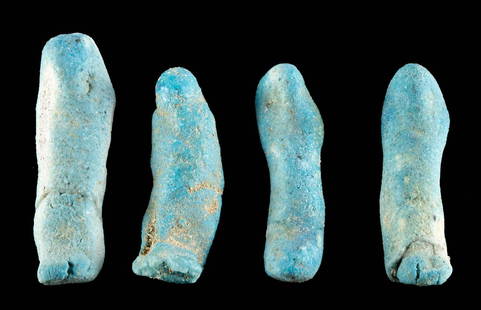 4 Miniature Egyptian Glazed Faience Ushabti Figures: **Originally Listed At $250** Egypt, Late Dynastic Period, 26th to 31st Dynasty, ca. 664 to 332 BCE. A lovely quartet of mold-formed faience ushabti figures of petite sizes that were perhaps part of