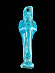 Egyptian Faience Amulet of Duamutef w/ Blue Glaze: **Originally Listed At $275** Egypt, Late Dynastic to Ptolemaic Period, ca. 664 to 30 BCE. A mold-formed faience amulet depicting Duamutef, the jackal-headed Son of Horus. Covered in deep, lustrous,