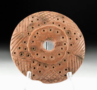 3rd C. Egyptian Coptic Red Hardstone Spindle Whorl Bead: **Originally Listed At $200** Egyptian, Coptic Period, ca. 3rd to 6th century CE. An interesting spindle whorl bead carved from a red-brown hardstone. The upper face is slightly convex, and the