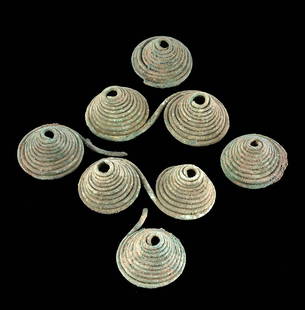 Greek Thracian Bronze Spectacle Fibulae (6): **Originally Listed At $200** Northern Greece, Thrace, ca. 9th to 7th century BCE. A wonderful ensemble of 6 fragments of bronze spectacle - or double spiral - fibulae: 2 whole and 4 halves. While the