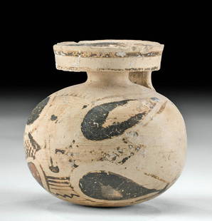 Greek Corinthian Pottery Aryballos w/ Quatrefoil Motif: **Originally Listed At $300** Greece, Corinth, Corinthian culture, ca. first half of the 6th century BCE. A wheel-thrown pottery aryballos of a squat form with a round but stable base, a spherical