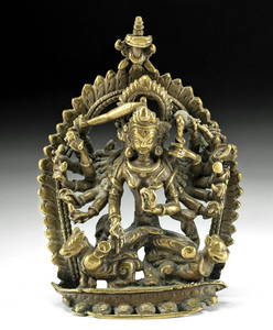 19th C. Nepalese Brass Goddess Durga w/ 16 Arms