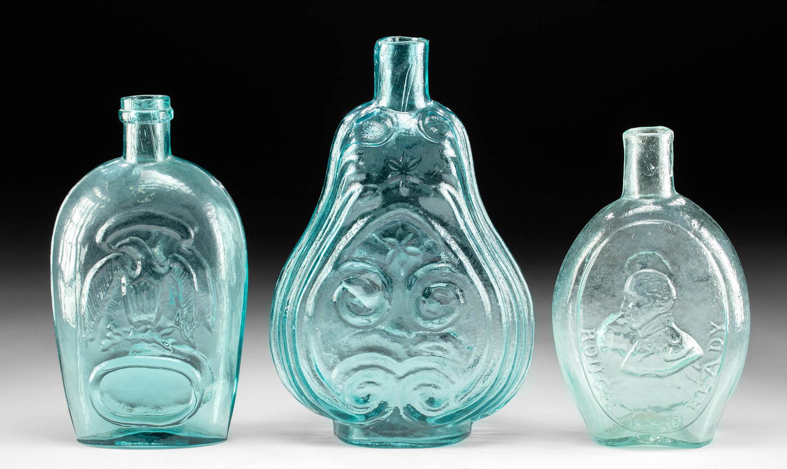 19th C. US Glass Flasks Violin Scrolls, Eagle, Historic (1 of 4)