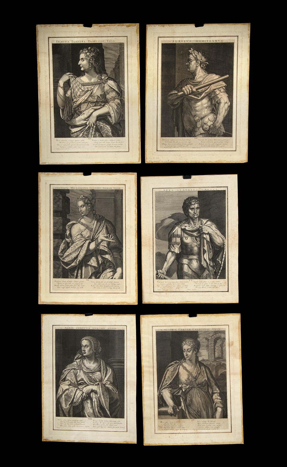 Six 16th C Flemish Prints, Empresses & Titian's Caesars: Engraved by Flemish engravers including Aegidius Sadeler II (Flemish, 1570-1629). Six portraits of Roman Emperors and Empresses - prints with etching and engraving, late 16th to early 17th century. Si