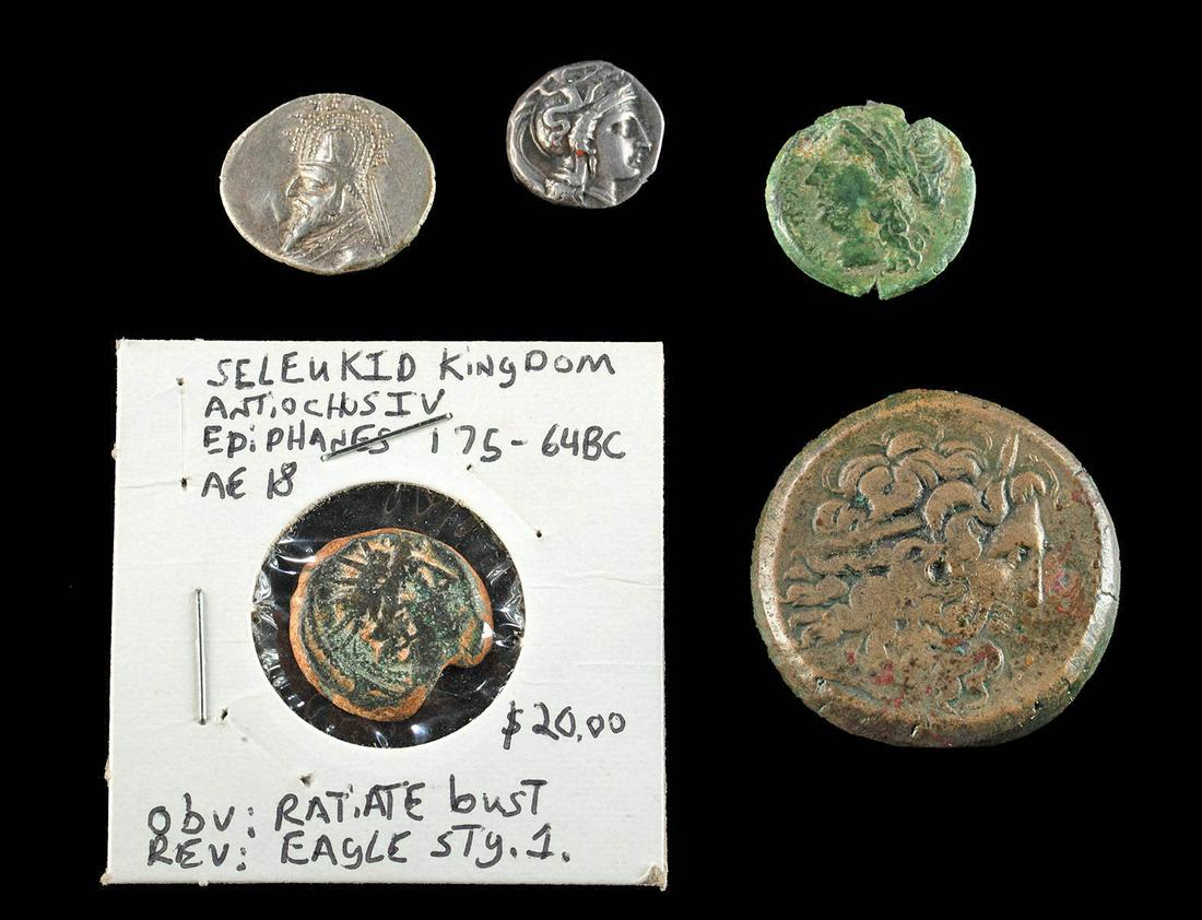 Greek & Parthian Coins - 2 Silver + 3 Bronze (1 of 2)