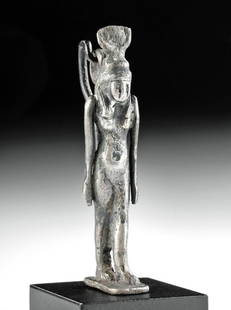 Museum-Exhibited Egyptian Silver Amulet of Hathor: Egypt, Late Dynastic to Ptolemaic Period, ca. 664 to 30 BCE. A beautiful, cast silver amulet of Hathor - the goddess of music, love, dance, and motherhood, and one of the oldest Egyptian deities